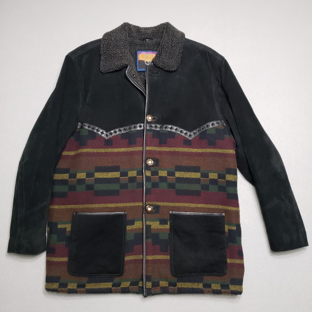 Cripple Creek Mens Jacket Large Suede Leather Southwestern Aztec Sherpa VTG‎